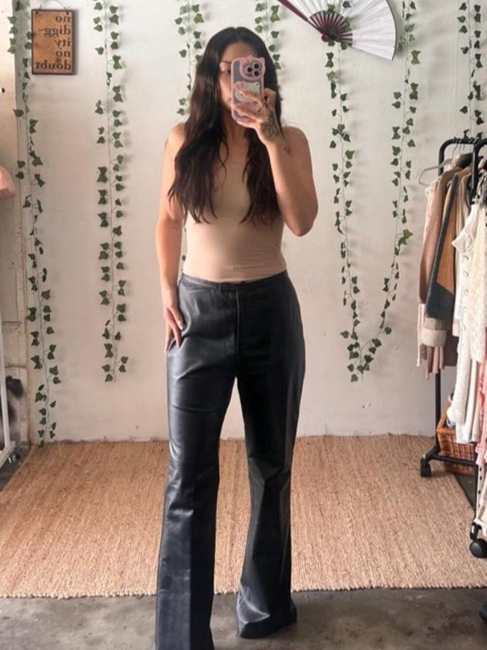 Vintage Spiegel black leather flare pants. Size 6